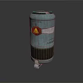 Silver Cylindrical Chemical Weapon Device With Red Warning Sign And Asbestos Content