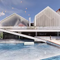 Modern Sales Office Building With Pedestrian Bridge Reflective Water Greenery And Evening Lighting