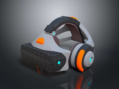 Modern Ergonomic Computer VR Headset with Gray Orange Mesh and Blue LED Lights 3d model