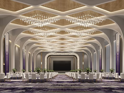 Banquet Hall With Golden Ceiling Crystal Chandeliers Arched Portals Large Screen And Neatly Arranged Tables 3d model
