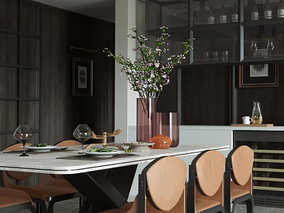 Elegant Restaurant Interior With Dark Wood Dining Table Leather Chairs And Flower Vase 3d model