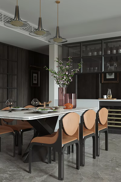Elegant Restaurant Interior With Dark Wood Dining Table Leather Chairs And Flower Vase 3d model