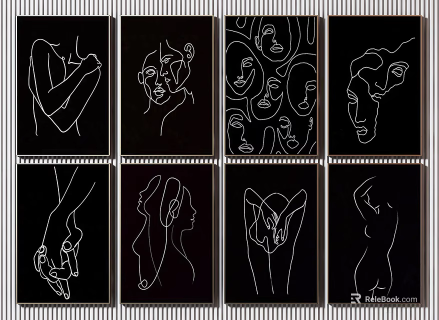 Black and White Line Art Collection Featuring Human Figures Hand and Face Abstract Silhouettes 3d model 