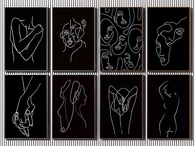 Black and White Line Art Collection Featuring Human Figures Hand and Face Abstract Silhouettes 3d model
