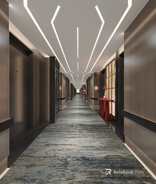 Elegant Hotel Corridor With Wooden Walls Ceiling Light Strips Gray Carpet And Red Console Table 3d model 