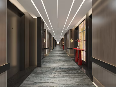 Elegant Hotel Corridor With Wooden Walls Ceiling Light Strips Gray Carpet And Red Console Table 3d model