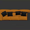 Modern Orange Sofa With Four Black Cushions And Small Square Gray Ottoman