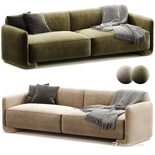 Stylish Two Seater Sofa in Green and Beige with Throw Pillows and Striped Blanket 3d model 