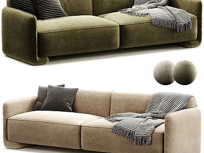 Stylish Two Seater Sofa in Green and Beige with Throw Pillows and Striped Blanket 3d model