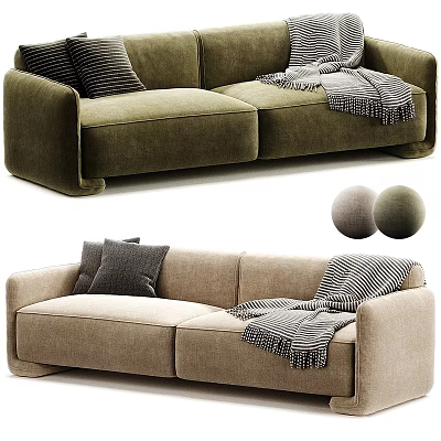 Stylish Two Seater Sofa in Green and Beige with Throw Pillows and Striped Blanket 3d model