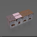 Gold And Pink Daily Necessities Boxes With Patterns And Text Arranged Neatly 3d model