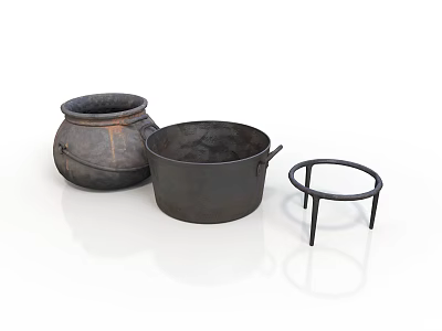 Traditional Rustic Household Items Featuring Ceramic Jar Iron Cauldron With Handle And Circular Stand 3d model