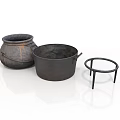 Traditional Rustic Household Items Featuring Ceramic Jar Iron Cauldron With Handle And Circular Stand