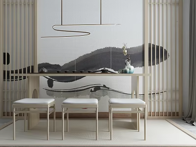 Japanese Minimalist Tea Table And Chairs With Ink Painting Backdrop And Hanging Lights 3d model