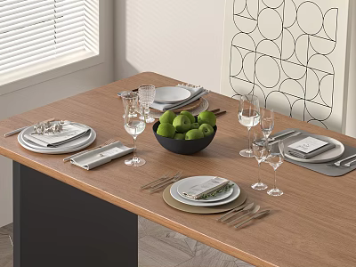 Modern Dinnerware Set With Plates Cutlery Wine Glasses And Green Apples On Wooden Dining Table 3d model