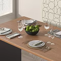 Modern Dinnerware Set With Plates Cutlery Wine Glasses And Green Apples On Wooden Dining Table