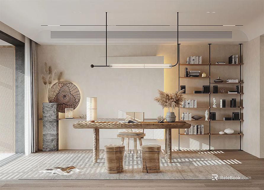 Modern Tea Room Interior With Wooden Tables Bookshelves And Natural Light Decorations 3d model 