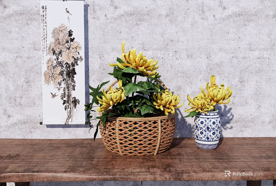 Wooden Table With Wicker Basket Yellow Flowers Blue White Vase Gray Wall Chrysanthemum Painting 3d model 