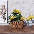 Wooden Table With Wicker Basket Yellow Flowers Blue White Vase Gray Wall Chrysanthemum Painting