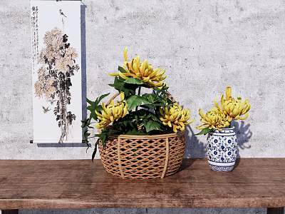 Wooden Table With Wicker Basket Yellow Flowers Blue White Vase Gray Wall Chrysanthemum Painting 3d model