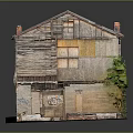 Old Wooden Cottage With Weathered Walls White Roof Multiple Windows And Small Green Plant