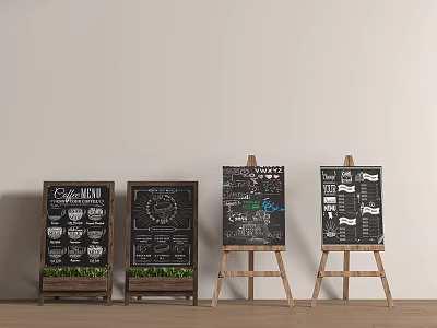 Chalkboard Menu Displays On Wooden Stands With Various Cafe Food And Drink Designs 3d model