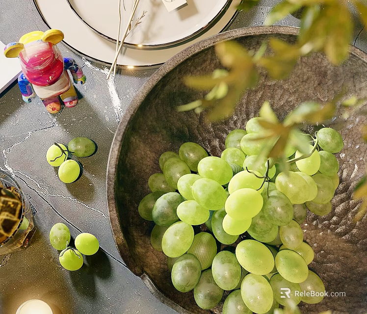 Potted Plant Decor On Table With Green Grapes In Bowl And Leaves 3d model 