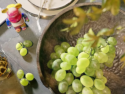 Potted Plant Decor On Table With Green Grapes In Bowl And Leaves 3d model