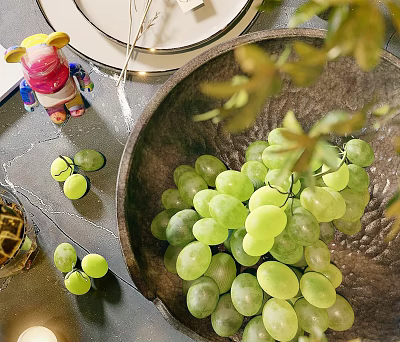 Potted Plant Decor On Table With Green Grapes In Bowl And Leaves 3d model Potted Plant Decor On Table With Green Grapes In Bowl And Leaves 3d model