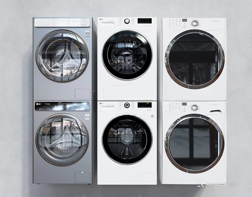 Six Front Loading Washing Machines in White and Gray Colors Arranged in Two Rows 3d model 