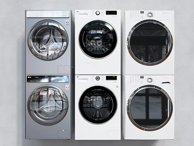 Six Front Loading Washing Machines in White and Gray Colors Arranged in Two Rows 3d model