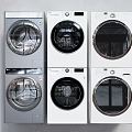 Six Front Loading Washing Machines in White and Gray Colors Arranged in Two Rows