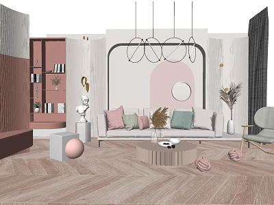 Modern Living Room Interior With Sofa Coffee Table Set Throw Pillows And Hanging Lights 3d model