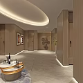 Modern Elevator Hallway With Wooden Walls Circular Ceiling Light And Decorative Paintings