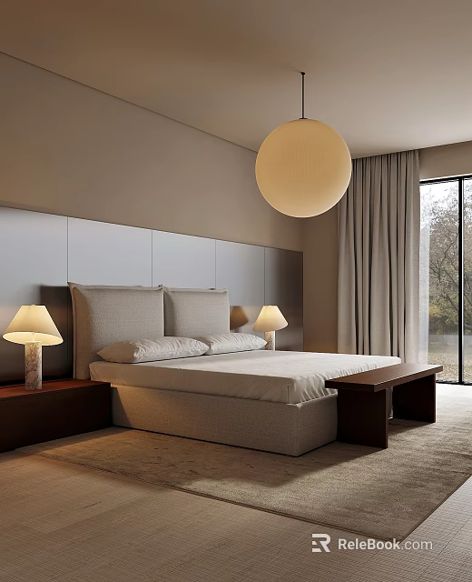 Modern Bedroom Interior Design With Upholstered Headboard Double Bed Table Lamps Spherical Pendant Light Curtains 3d model 