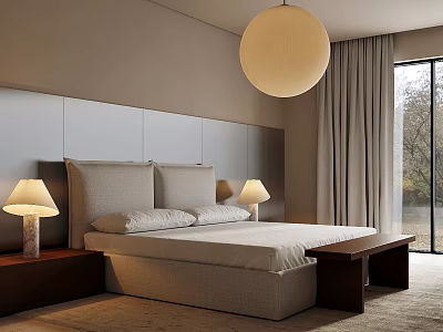 Modern Bedroom Interior Design With Upholstered Headboard Double Bed Table Lamps Spherical Pendant Light Curtains 3d model