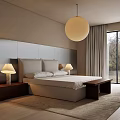 Modern Bedroom Interior Design With Upholstered Headboard Double Bed Table Lamps Spherical Pendant Light Curtains
