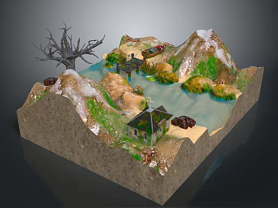 Scenic Miniature Model With Mountain River Bridge House Dead Tree And Grass 3d model