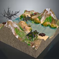 Scenic Miniature Model With Mountain River Bridge House Dead Tree And Grass