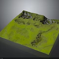Realistic 3D Green Terrain Model With Rolling Hills And Rocky Mountain Peaks