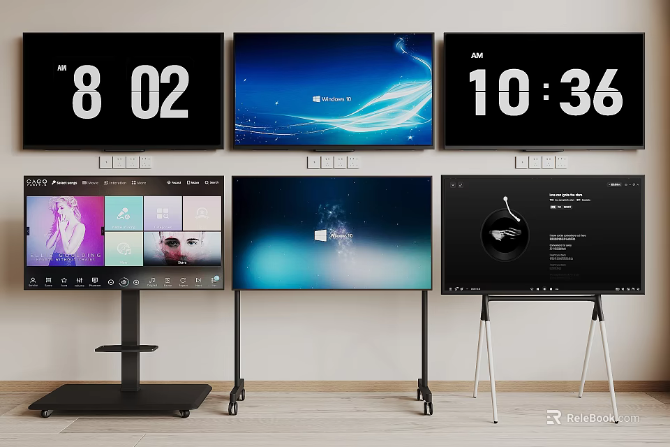 TV Screens Showing Digital Clock Windows Interface And Colorful Icons On Black Silver Portable Stands 3d model 