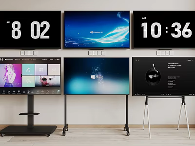 TV Screens Showing Digital Clock Windows Interface And Colorful Icons On Black Silver Portable Stands 3d model