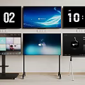 TV Screens Showing Digital Clock Windows Interface And Colorful Icons On Black Silver Portable Stands