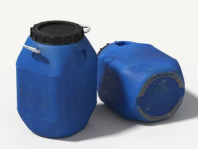 Industrial Equipment Blue Plastic Drums Standing and Tilted with Black Lids and Metal Handles 3d model