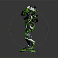 Green And Black Mechanical Robot With Futuristic Design And 3D Rendered Armor Parts