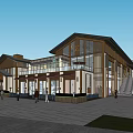 Modern Commercial Street Plaza Featuring Wood Glass Architecture Pedestrians And Cafe Shops