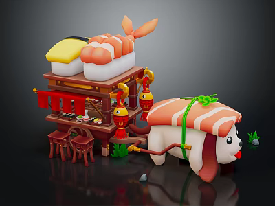 Adorable Sushi Themed Cart With Sushi Dog Decor And Wooden Stools 3d model