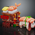 Adorable Sushi Themed Cart With Sushi Dog Decor And Wooden Stools