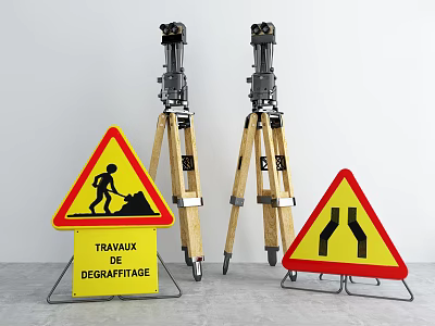 Industrial Surveying Equipment on Tripods with Warning Signs for Construction Worksite Surface Treatment 3d model
