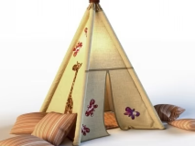 Cozy Teepee Style Kids Tent with Butterfly Giraffe Patterns and Striped Cushions 3d model